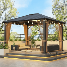 10x12 Hard-top Metal Gazebo, Heavy Duty Gazebo With Mosquito Net