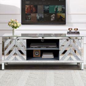 Mirrored TV Stand for 65+ inch TV,Sliver TV Console Table with Open Storage & 2 Storage Cabinets