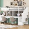 Twin Size Loft Bed Frame with Storage Staircase and Double Desks and Shelves,White