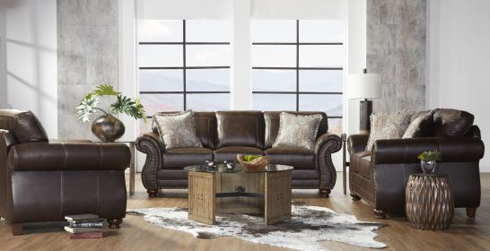 Leinster Faux Leather Upholstered Nailhead Sofa, Loveseat, and Chair Set