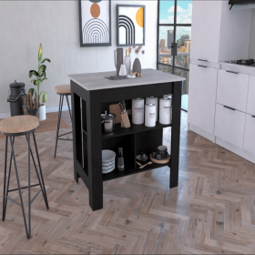 Kitchen Island Dozza, Three Shelves, Black Wengue / Ibiza Marble Color Finish