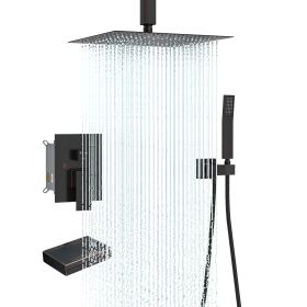 Lordear 12 Inch 3-Spray Shower System With Square Ceiling Mounted Adjustable Shower Head And Handheld Shower With Hose