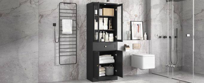 Tall Bathroom Storage Cabinet, Cabinet with Four Doors and Drawers, Adjustable Shelf, MDF Board, Black