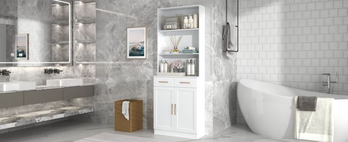 Bathroom Storage Cabinet, Cabinet with Two Doors and Drawers, Adjustable Shelf, Three-layer Open Shelf, MDF Board, White