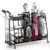 Golf Bag Organizer for Garage, Golf Bag Stand Fit 3 Golf Bags and Golf Equipment Accessories, Golf Club Rack with Shelf and Lockable Wheels