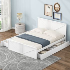 Queen Size Wooden Platform Bed with Four Storage Drawers and Support Legs