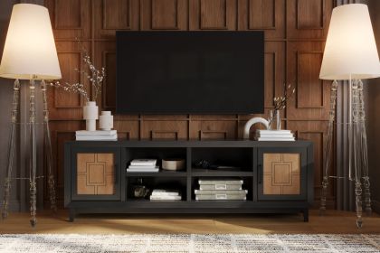 Bridgevine Home Ventura 86 inch TV Stand for TVs up to 95 inches, No Assembly Required, Black and Bourbon Finish