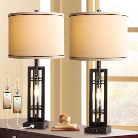 27.5 Tall Farmhouse Table Lamps With USB C + USB A Charge Ports, Rustic Living Room Lamps Set Of 2, Black Industrial End Table Lamp Nightstand