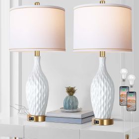 White Table Lamp Set of 2, 3-Way Dimmable Touch Control Gold Bedside Lamps with USB Ports