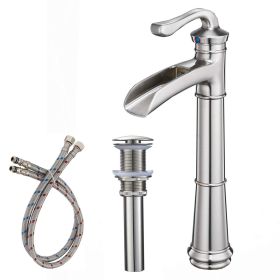 Waterfall Single Hole Single-Handle Vessel Bathroom Faucet With Pop-up Drain Assembly in Brushed Nickel