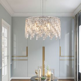 Luxurious Round Silver Crystal Chandelier, Contemporary Rectangular Pendant Light for Dining Room, Living Room, and Grand Foyers (Bulbs Not Included)