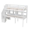 Twin Size Loft Bed Frame with Storage Staircase and Double Desks and Shelves,White