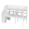 Twin Size Loft Bed Frame with Storage Staircase and Double Desks and Shelves,White