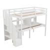 Twin Size Loft Bed Frame with Storage Staircase and Double Desks and Shelves,White