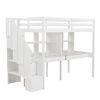 Twin Size Loft Bed Frame with Storage Staircase and Double Desks and Shelves,White