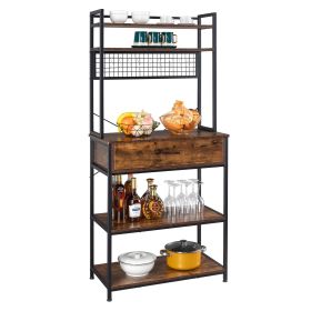 5-Tier Kitchen Bakers Rack with 10 S-Shaped Hooks and 1 drawer , Industrial Microwave Oven Stand