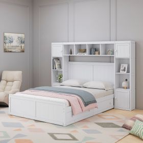 Elegant and Functional Full Size Wood Bed with 4 Drawers and All-in-One Cabinet and Shelf, White