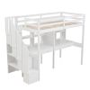 Twin Size Loft Bed Frame with Storage Staircase and Double Desks and Shelves,White