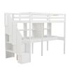 Twin Size Loft Bed Frame with Storage Staircase and Double Desks and Shelves,White