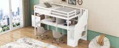 Twin Size Loft Bed Frame with Storage Staircase and Double Desks and Shelves,White