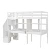 Twin Size Loft Bed Frame with Storage Staircase and Double Desks and Shelves,White