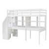 Twin Size Loft Bed Frame with Storage Staircase and Double Desks and Shelves,White