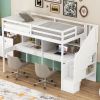 Twin Size Loft Bed Frame with Storage Staircase and Double Desks and Shelves,White