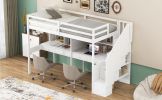 Twin Size Loft Bed Frame with Storage Staircase and Double Desks and Shelves,White