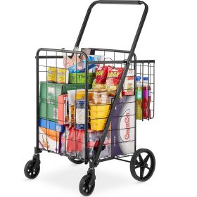 VEVOR Folding Shopping Cart, Jumbo Grocery Cart with Double Baskets, 360° Swivel Wheels, Heavy Duty Utility Cart