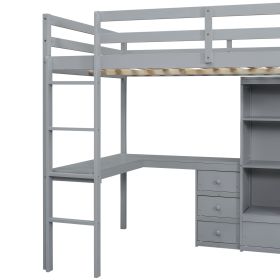 Full Size Loft Wood Bed with Desk, Storage shelves and Drawers, Built-in Ladder, High Loft Bed with Desk, Storage Shelves and Drawers,Guardrails,Grey