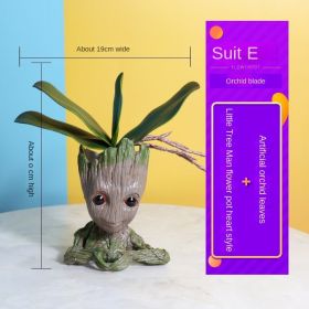 Creative succulent plant flowerpots; small tree people; fake flower ornaments; simulation of green plants; potted resin decorations (colour: Set E Picture Style - Simulated Orchid Leaf+Bixin Flower Pot)