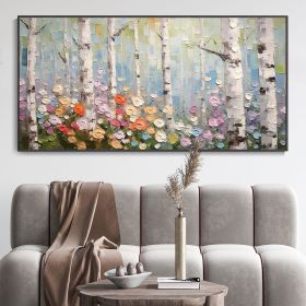 Hand Painted Oil Painting Birch Forest Colorful Decor Art Hand Painted Forest Plant Painting Birch Forest Landscape Texture Artwork Blooming Flowers C (style: 01, size: 100x150)