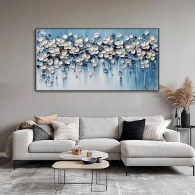 Minimalist Blue Background Texture Wall Art 3D White Cherry Blossoms Canvas Oil Painting Natural Floral Plant Landscape Mural Fashion (style: 01, size: 40x80cm)