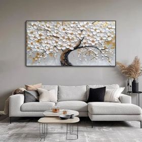 White Blossom Tree Canvas Oil Painting Hand Abstract Floral Plant Art 3D Textured Palette Knife Minimalist Home Decor Birthday Gift (style: 01, size: 100x200cm)