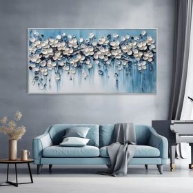 Minimalist Blue Background Texture Wall Art 3D White Cherry Blossoms Canvas Oil Painting Natural Floral Plant Landscape Mural Fashion (style: 01, size: 60x120cm)