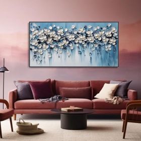 Minimalist Blue Background Texture Wall Art 3D White Cherry Blossoms Canvas Oil Painting Natural Floral Plant Landscape Mural Fashion (style: 01, size: 70x140cm)