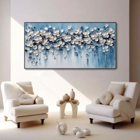 Minimalist Blue Background Texture Wall Art 3D White Cherry Blossoms Canvas Oil Painting Natural Floral Plant Landscape Mural Fashion (style: 01, size: 80x160cm)