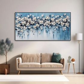 Minimalist Blue Background Texture Wall Art 3D White Cherry Blossoms Canvas Oil Painting Natural Floral Plant Landscape Mural Fashion (style: 01, size: 100x200cm)