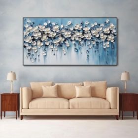 Minimalist Blue Background Texture Wall Art 3D White Cherry Blossoms Canvas Oil Painting Natural Floral Plant Landscape Mural Fashion (style: 01, size: 120x240cm)