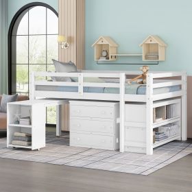 Low Study Full Loft Bed with Cabinet ; Shelves and Rolling Portable Desk ; Multiple Functions Bed (Color: White)