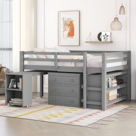 Low Study Full Loft Bed with Cabinet ; Shelves and Rolling Portable Desk ; Multiple Functions Bed (Color: Gray)