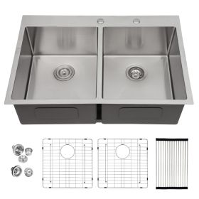 33 Inch Kitchen Sink Drop-in Topmount Sink 16 Gauge Double Bowl 50/50 Gunmetal Black Stainless Steel Sink with Strainer (Design: 33-5/5, Color: Stainless Steel)