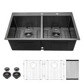 33 Inch Kitchen Sink Drop-in Topmount Sink 16 Gauge Double Bowl 50/50 Gunmetal Black Stainless Steel Sink with Strainer (Design: 33-5/5, Color: Gunmetal Black)