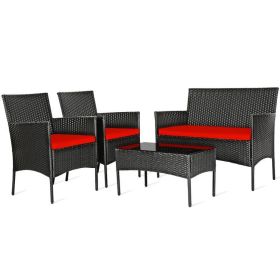 4 Pieces Patio Rattan Cushioned Sofa Set with Tempered Glass Coffee Table (Color: Red)