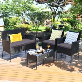 4 Pieces Patio Rattan Cushioned Sofa Set with Tempered Glass Coffee Table (Color: Gray & Off White)