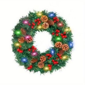 24 Inch 30 LED Prelit Christmas Wreath Artificial Christmas Wreaths for Front Door 160 Branches 5 Pinecones 30 Red Berried Battery Oper (Color: Pine cone wreath 60cm colored lights)