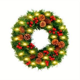 24 Inch 30 LED Prelit Christmas Wreath Artificial Christmas Wreaths for Front Door 160 Branches 5 Pinecones 30 Red Berried Battery Oper (Color: Pine cone wreath 60cm warm lights)