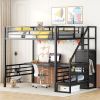 Full Size Metal Loft Bed with Desk, Storage Staircase and Small Wardrobe, Storage stairs can be installed left and right