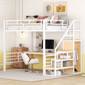 Full Size Metal Loft Bed with Desk, Storage Staircase and Small Wardrobe, Storage stairs can be installed left and right (Color: White)