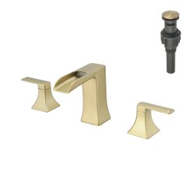 New Waterfall Bathroom Sink Faucet 3 Hole Dual Handle 8 Inch Bath Faucet with Plastic Perforated Drainer (Color: Brushed Gold)